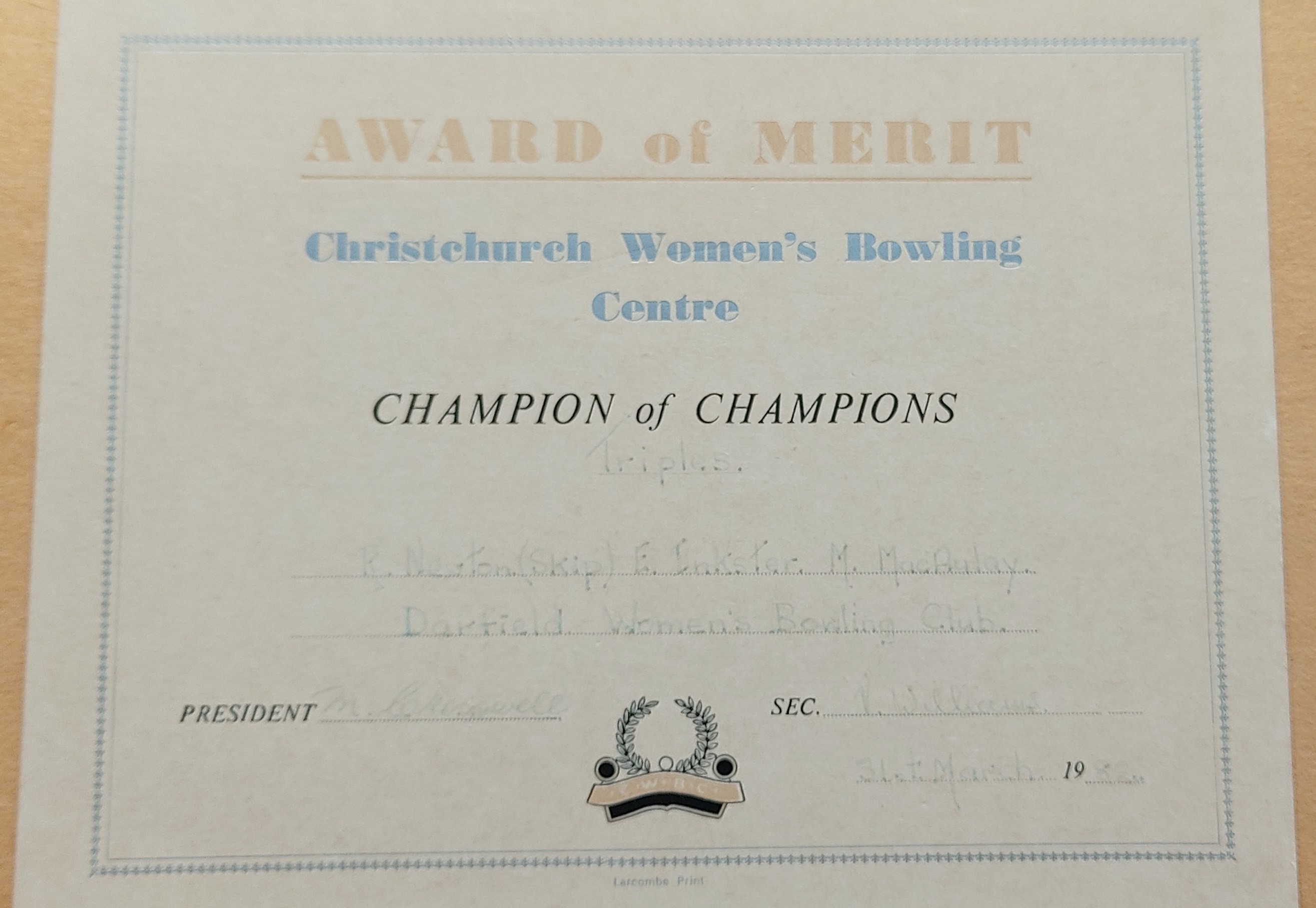 Bowls Darfield Womens Division wins the Christchurch Champion of Champions competition in 1982.